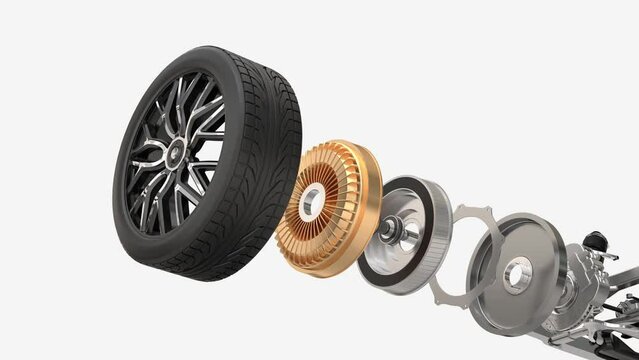Exploded view of Electric Vehicle Chassis equipped with In-Wheel Motors on white background. Isometric view. 3D rendering animation.