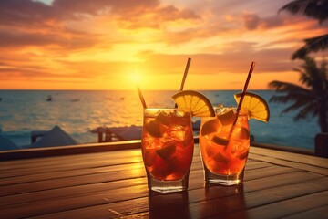Summer cocktails on luxury tropical beach resort at sunset. Exotic summer drinks cocktails. Youth and summer vacation concept. Party, Vacations, summer holidays, summertime,Generative Ai