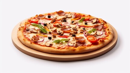 Generate an image of a pizza that looks straight out of a gourmet magazine, on a pure white solid...