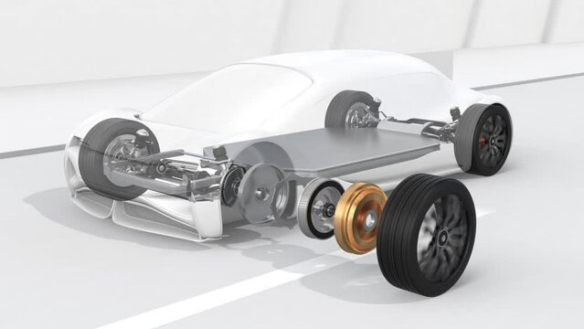 Electric Vehicle equipped with In-Wheel Motors and solid battery pack moving on the road. Generic design. 3D rendering animation.