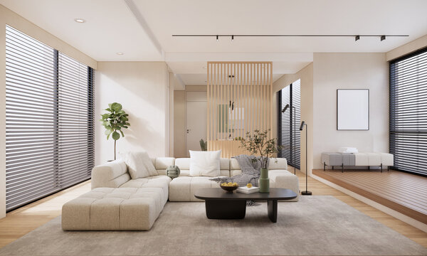 Illustration of modern light apartment with big windows, living room ideas 3d rednering