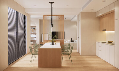 minimal contemporary kitchen and dining room interior .3d rendering