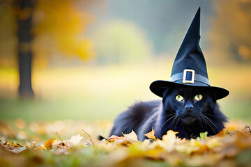 black hat wearing wizard or witchery hat, halloween symbol, festive background