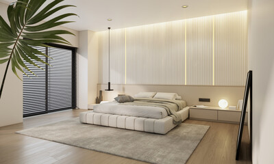 modern white bedroom interior design, earth tones minimal room ideas. 3d rendering