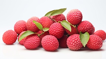 Produce a captivating portrayal of a cluster of exotic lychee fruits, their rough exteriors and translucent, juicy insides presented artfully on a clean white surface background.