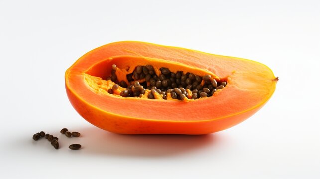 Generate an image that highlights the unique texture of a ripe papaya on an isolated white surface.