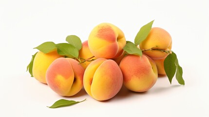 Fototapeta na wymiar Produce an artful depiction of a cluster of sweet, yellow peaches, their blushing skins and juicy texture displayed exquisitely against an isolated white backdrop.
