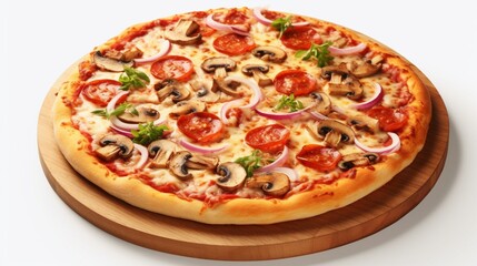 Produce an image of an appetizing pizza pie, with every detail shining on a pristine white solid...