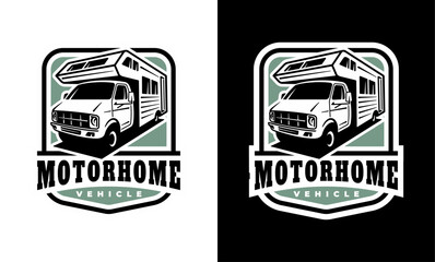 RV recreational vehicle badge design. Camper van motorhome vector emblem