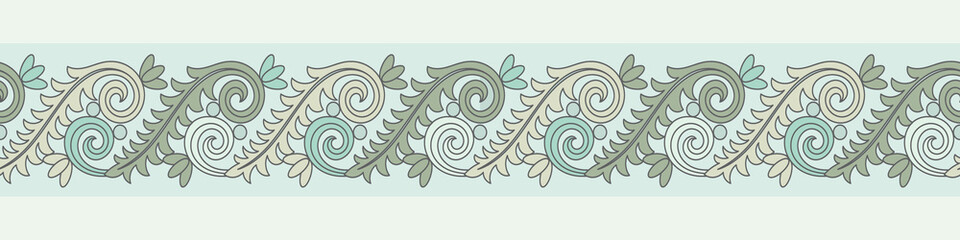 Green rolling flower border, seamless, fabric decorative border. Shirt collar. Carpet