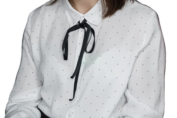 Women's fashion style clothing white blouse with small polka dot pattern with black ribbon tied...