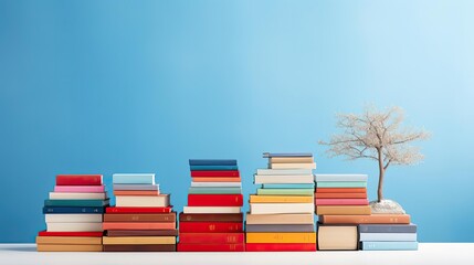 pile of books on minimalistic background or stock of books for world book day background