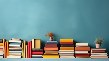 pile of books on minimalistic background or stock of books for world book day background