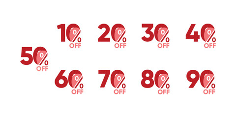 0%, 20%, 30%, 40%, 50%, 60%, 70%, 80%, 90% Discount. Sale tags set vector badges template. Sale offer price sign. Special offer symbol. Discount promotion. Discount badge shape. Vector design