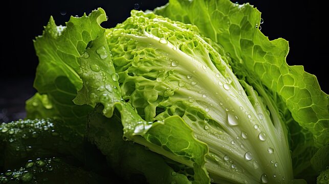 Fresh green lettuce splashed with water on a blurry black background