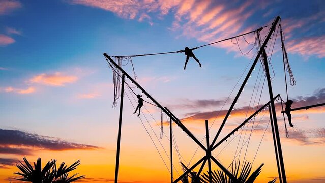 Children silhouettes are jumping on bungee trampoline against warm blue and orange sky at sunset at amusement park - slow motion, wide angle view. Childhood, summer, fun and holiday concept