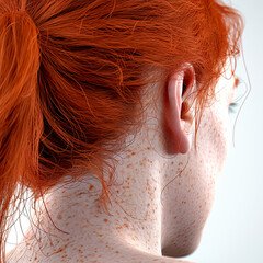 A phototype 1 redhead woman with charming freckles, viewed from behind against a pristine white background. Embracing the beauty of fair skin