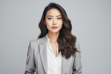 Against a bright white background, a poised and intelligent young Asian woman, elegantly attired in a light gray suit coupled with a pristine white shirt, delivers a presentation. Generative AI.