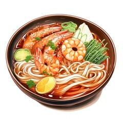 Traditional japanese udon noodle bowl with crispy fried tofu, meatballs, wakame seaweed and onion spring roll. Japanese kitsune udon noodles menu close up illustration