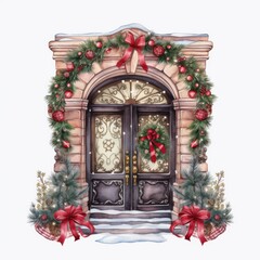 Fototapeta na wymiar Christmas card with the front door of the house, decorated with pine branches, wreaths with balls, ribbons, and a garland. Watercolor illustration, new year poster.