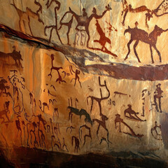 Drawings of prehistoric hunting life on cave walls. 
