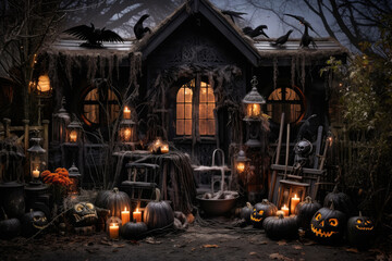 Dark haunted house decoration for Halloween party background with Pumpkin candle in Spooky Night, ghost day design concept, Horror creepy Houses scene.