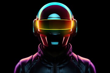 Futuristic robot cyborg soldier with cyberpunk neon lighting background.