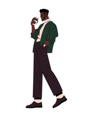Obraz na płótnie Canvas afro man drinking and walking