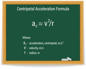 Centripetal Acceleration Formula on a green chalkboard. Education. Science. Formula. Vector illustration.