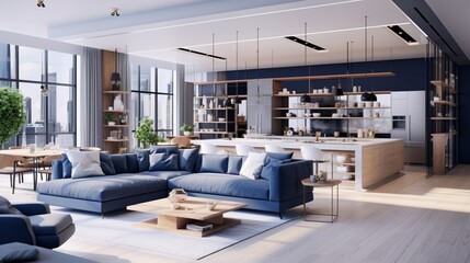 minimalist modern interior design huge bright apartment with an open plan in Scandinavian style in 