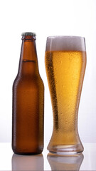 Cerveza fría botella y vaso