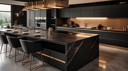 Modern and spacious kitchen with black and gold furniture, marble floor tiles and black countertops...
