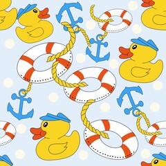 
Cartoon image of a fashionable duck wearing a rope anchor hat with a background of alternating white spots. Gift colorful cute popular decorative paper pictures fashion clothes children adults boys a