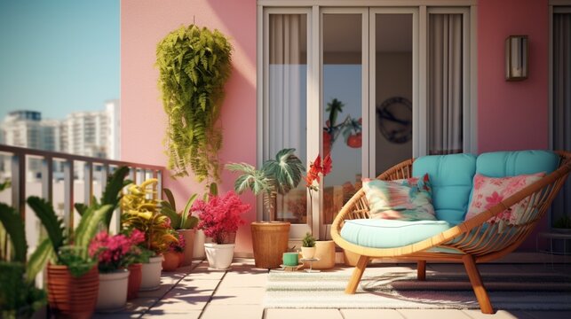 modern decorative balcony style. apartment exterior style with furniture and colorful object. 8k,