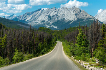 Icefields Parkway highway road between Banff and Jasper national park, Alberta, Canada.