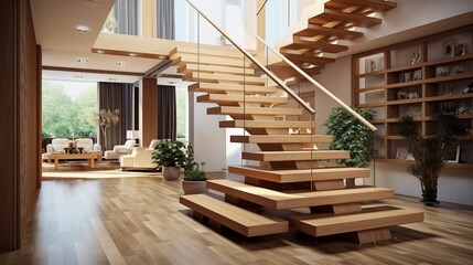 Modern interior design - stairs in wooden finishing 8k, - obrazy, fototapety, plakaty