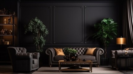 Modern interior design for home, office, interior details, upholstered furniture against the background of a dark classic wall. 8k,