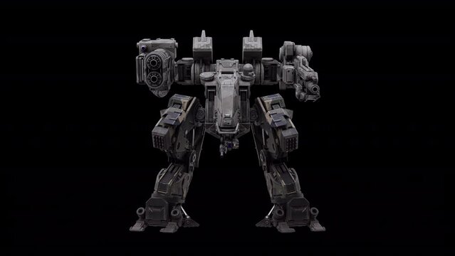 Detailed 3D model of the robot, warrior futuristic machine rendering animation, rigged skeletal structure standing idling, dark background overlay video for alpha matte blending, SCI-FI concept.