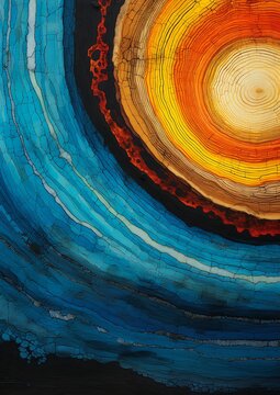 sun setting blue ocean tree trunk insanely complex details agate micro hurricane inner ring visionary blown glass arcs flame geological strata