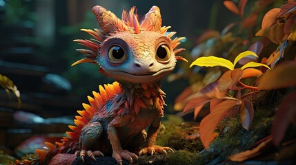 A captivating portrayal of a cute baby dragon within a realistic illustration, encapsulating the essence of a fantasy-themed backdrop.