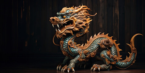 Witness the allure of a wooden dragon, extending in its entirety on an isolated wooden canvas, a testament to craftsmanship.