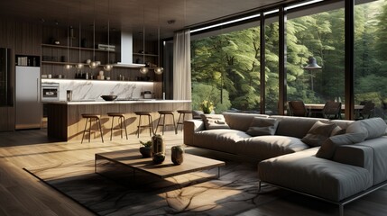 Modern living room and kitchen interior with nature view 8k,