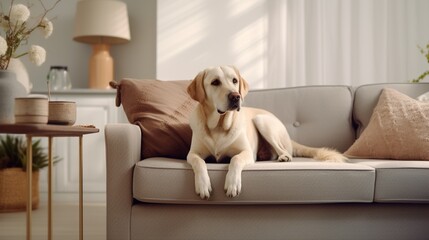 Modern living room interior. Cute Golden Labrador Retriever on couch 8k,