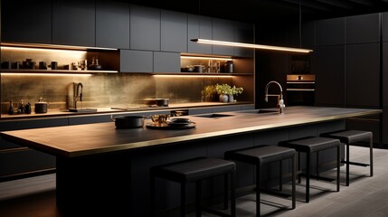 Modern luxury kitchen black golden tone with wooden tabletop space 8k,
