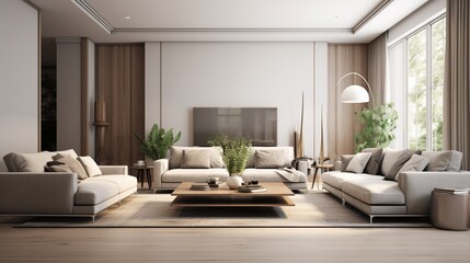Modern luxury living room interior - 3d render with gray and beige colored furniture and wooden...