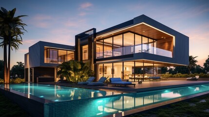 Modern luxury villa with swimming pool 8k, - obrazy, fototapety, plakaty