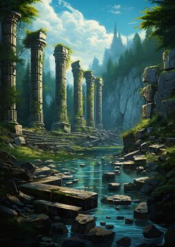 river running forest filled rocks giant columns palace tall ruins severian nessus fallen towers chase