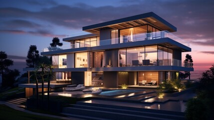 Modern multilevel house exterior at dusk 8k,