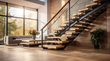 Gordijnen Modern natural ash tree wooden stairs in new house interior 8k, © Counter