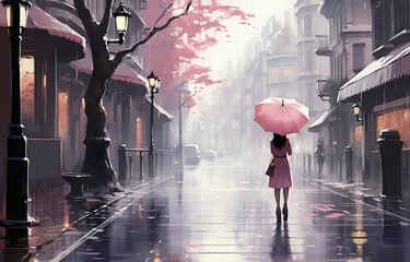 Foto op Canvas woman walking down street umbrella gorgeous semi somber color emotional sad bright floating alone video © Cary